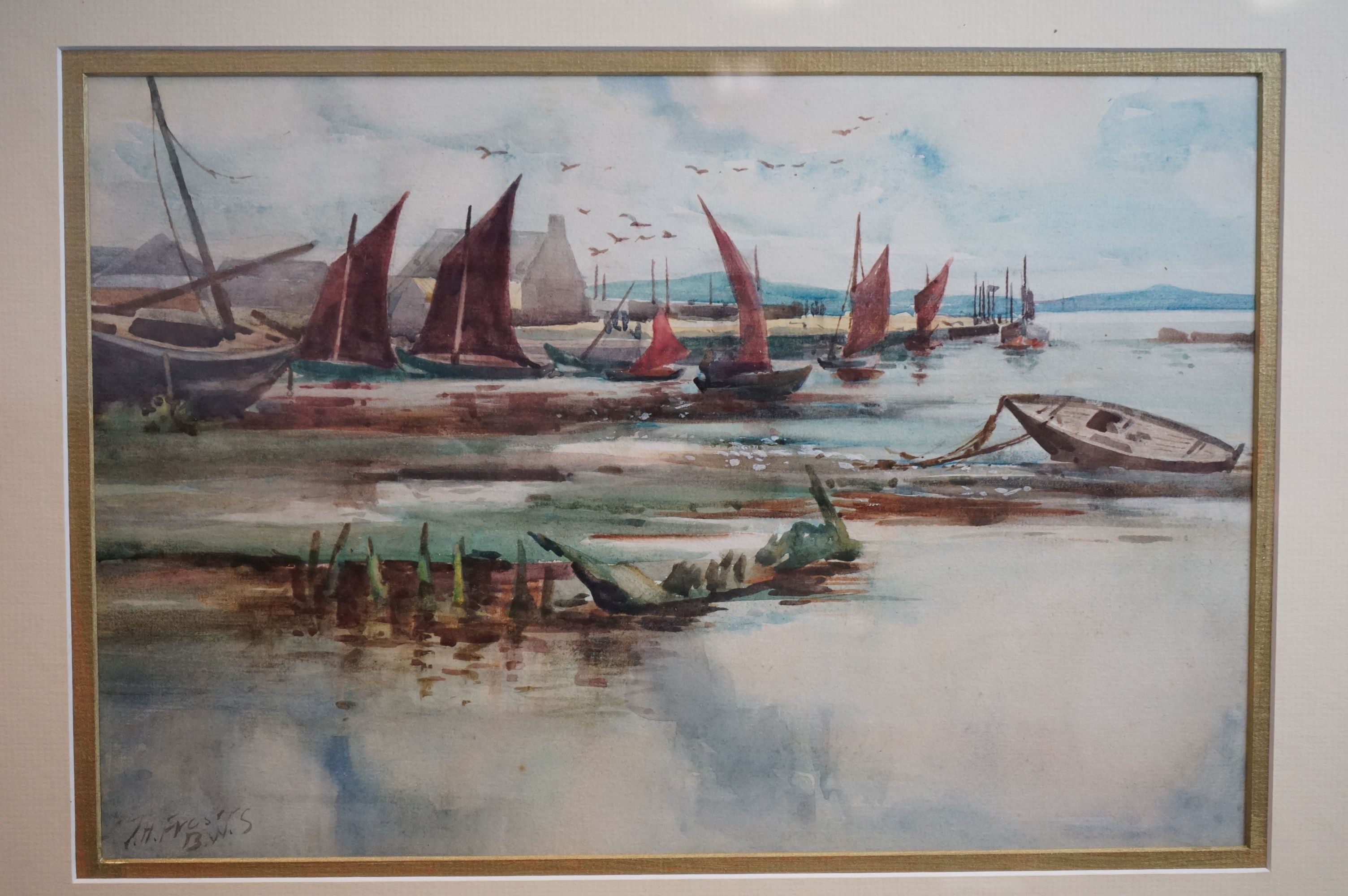 John Hathaway Fraser, BWS watercolour, a tranquil English coastal scene with moored boats, signed - Image 2 of 5