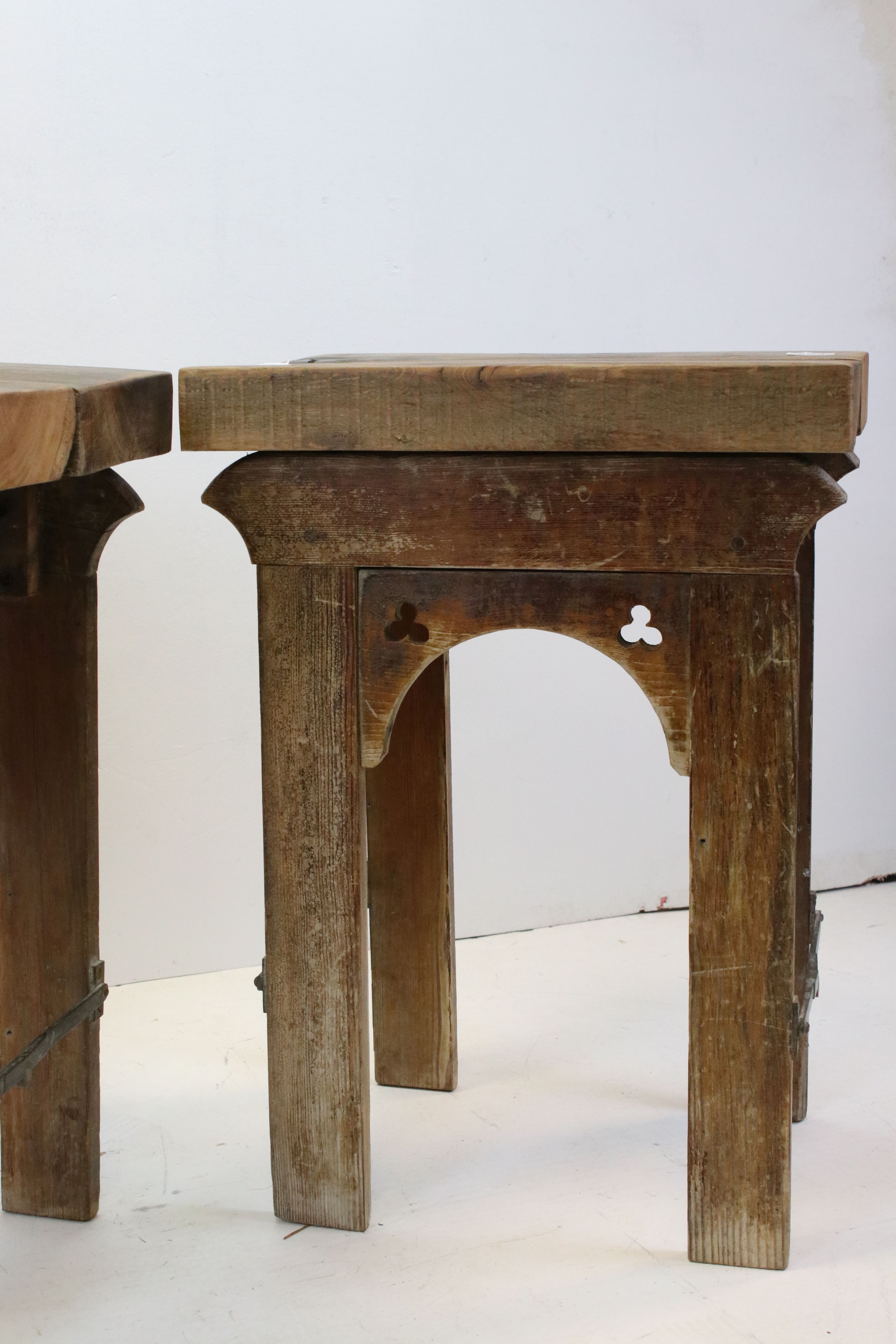Pair of Side Tables formed from Thick Elm Tops on Gothic Bases made from Coffin Trestles, each 47cms - Image 2 of 7