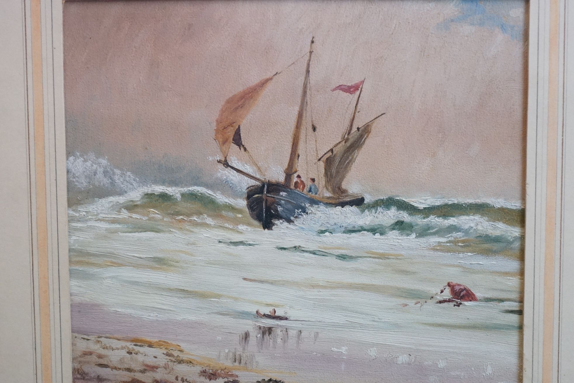 19th century oil on board, marine scene of fishing boats in stormy seas - Image 3 of 5