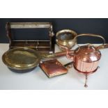 A box of mixed collectables to include a copper kettle, brass bowl, a tantalus stand and a brass bed