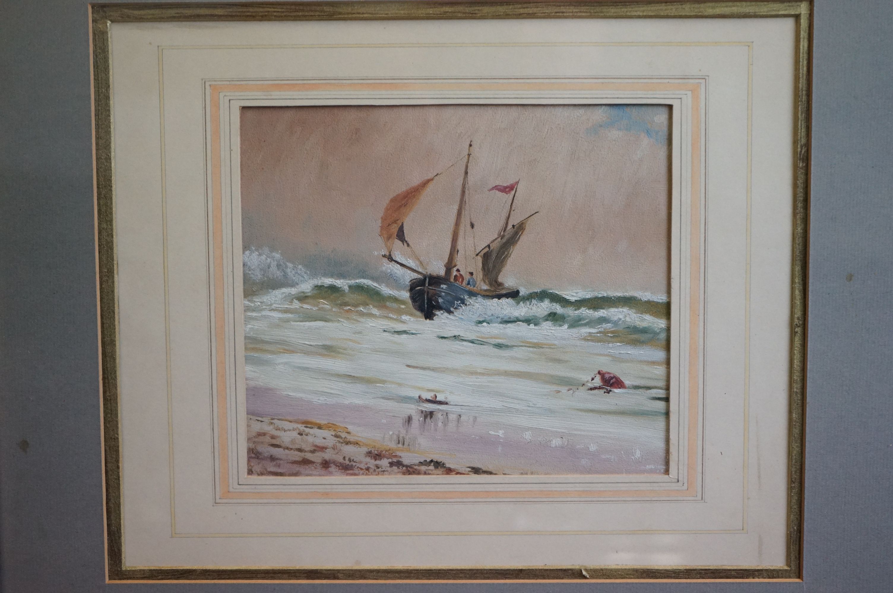 19th century oil on board, marine scene of fishing boats in stormy seas - Image 2 of 5