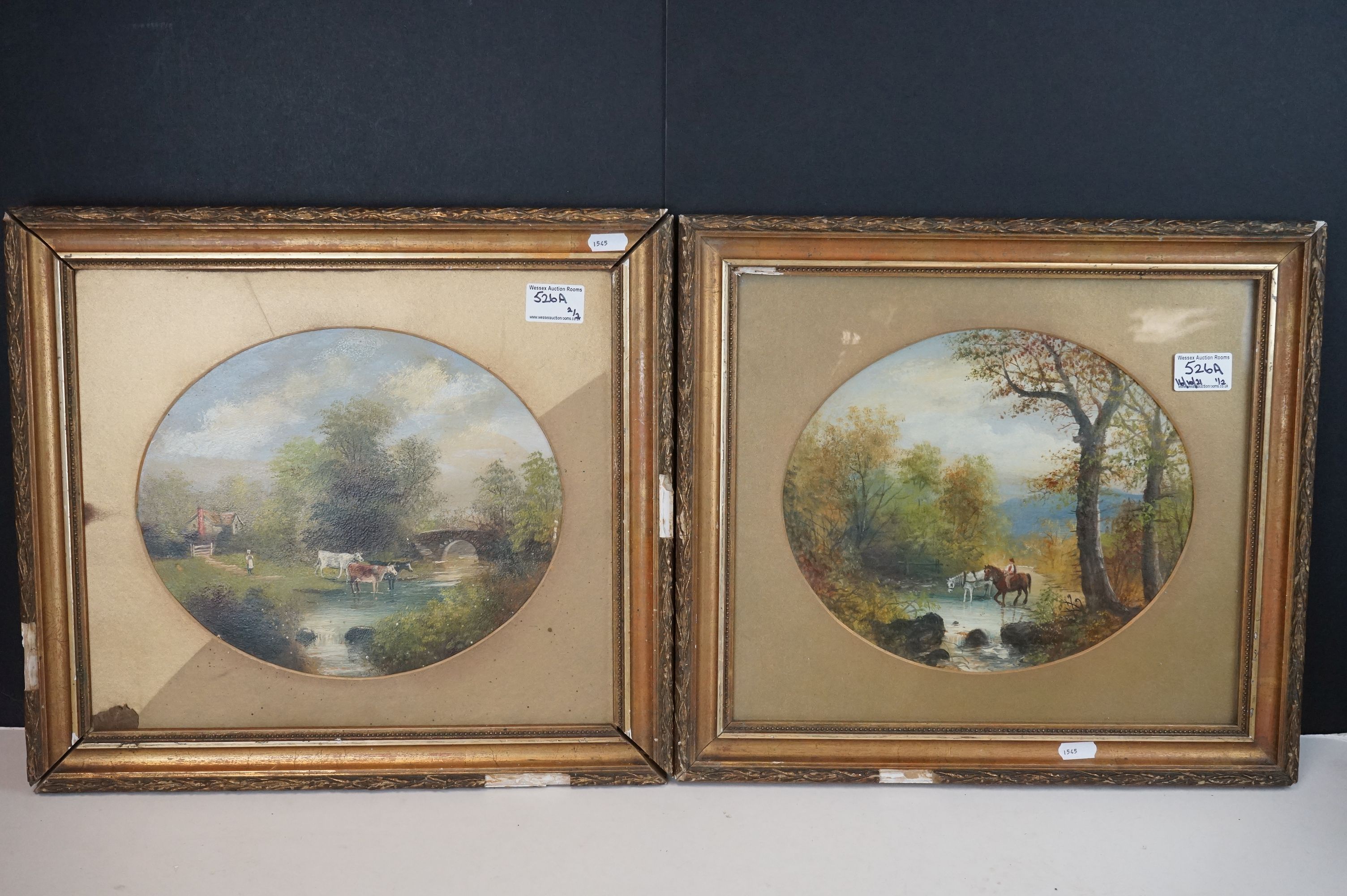 Pair of gilt framed oval acrylic paintings figures with cows and horses in rural settings.