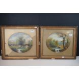 Pair of gilt framed oval acrylic paintings figures with cows and horses in rural settings.