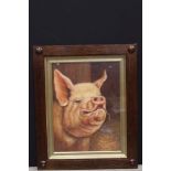 Oak framed oil painting portrait of a pig in a barn