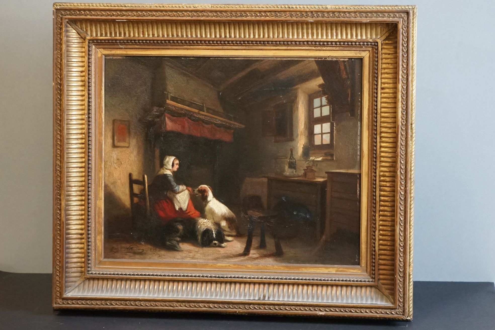 Mid 19th century Oil Painting on Board, Interior Scene of Woman and Dogs sat in a Kitchen,