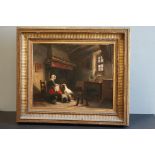 Mid 19th century Oil Painting on Board, Interior Scene of Woman and Dogs sat in a Kitchen,