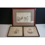Set of signed Japanese woodblock portrait prints, two being studies of artisans, framed as three