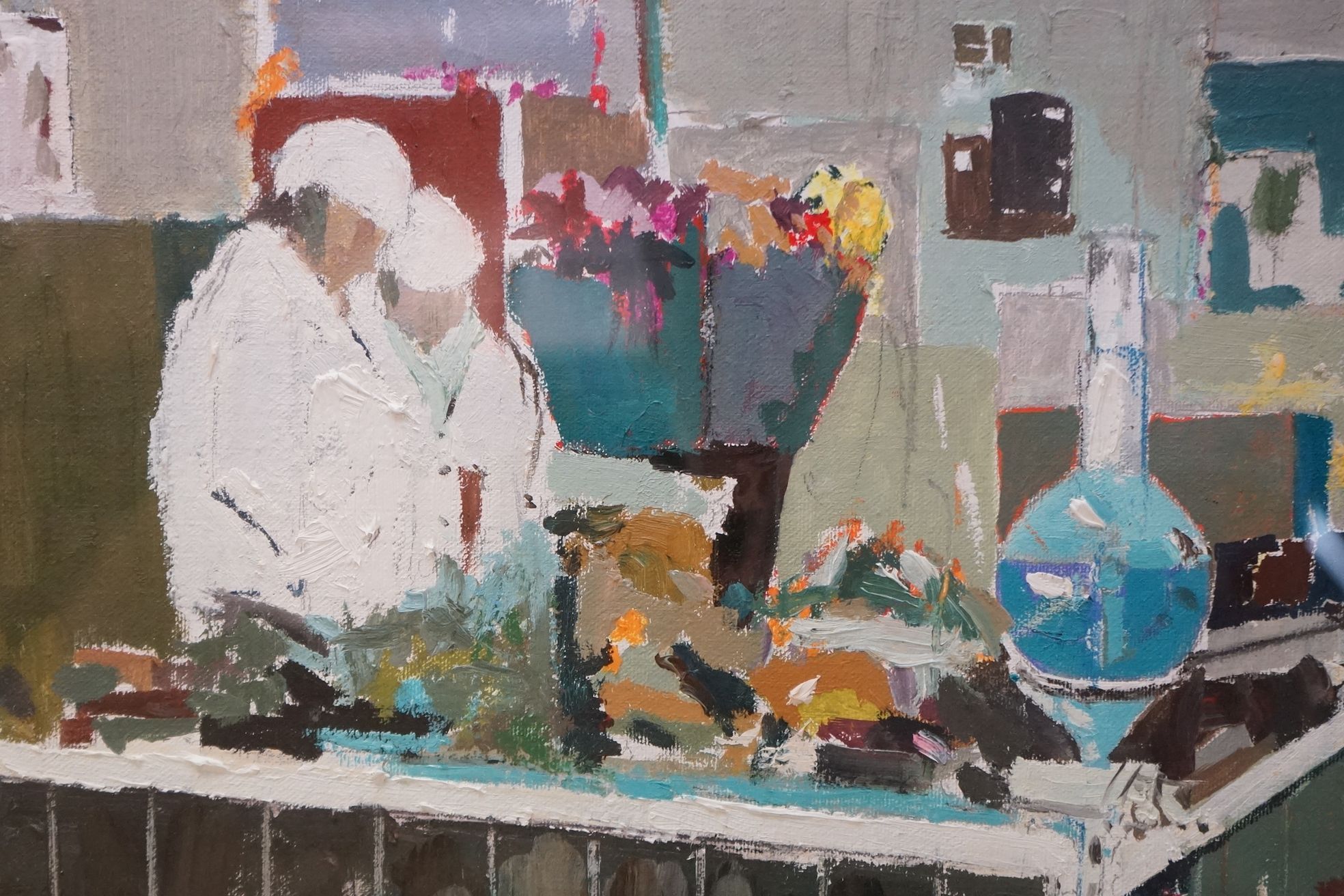 Leslie Goodwin R I, R W A, a large framed industrial oils on board ' The Chemistry Lab ' approx. - Image 4 of 6