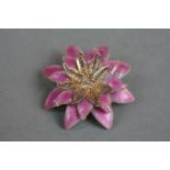 Pink enamel and white metal brooch