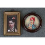 Two framed miniature portraits of a lady and a eastern man in traditional dress.