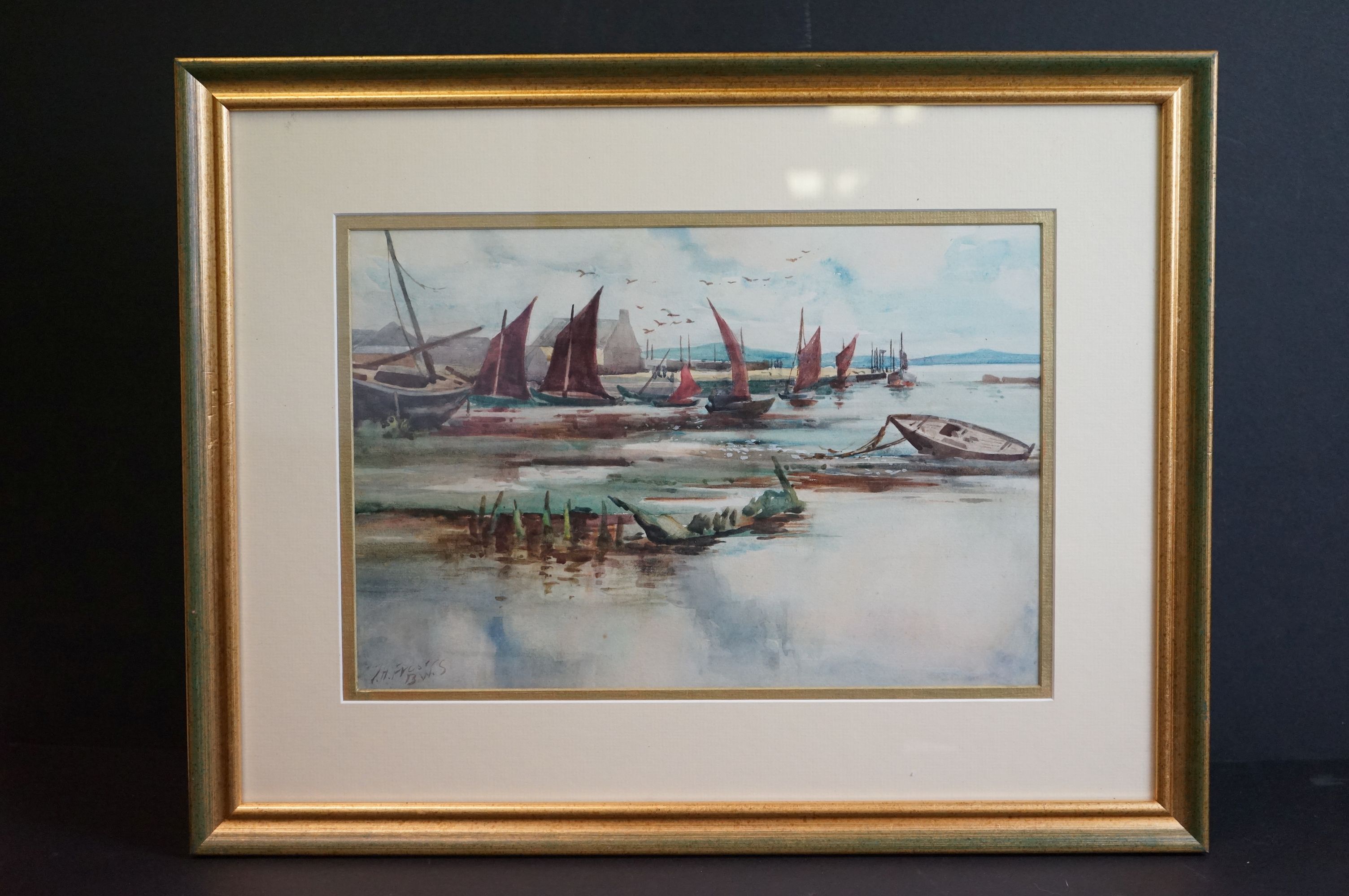 John Hathaway Fraser, BWS watercolour, a tranquil English coastal scene with moored boats, signed