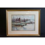John Hathaway Fraser, BWS watercolour, a tranquil English coastal scene with moored boats, signed