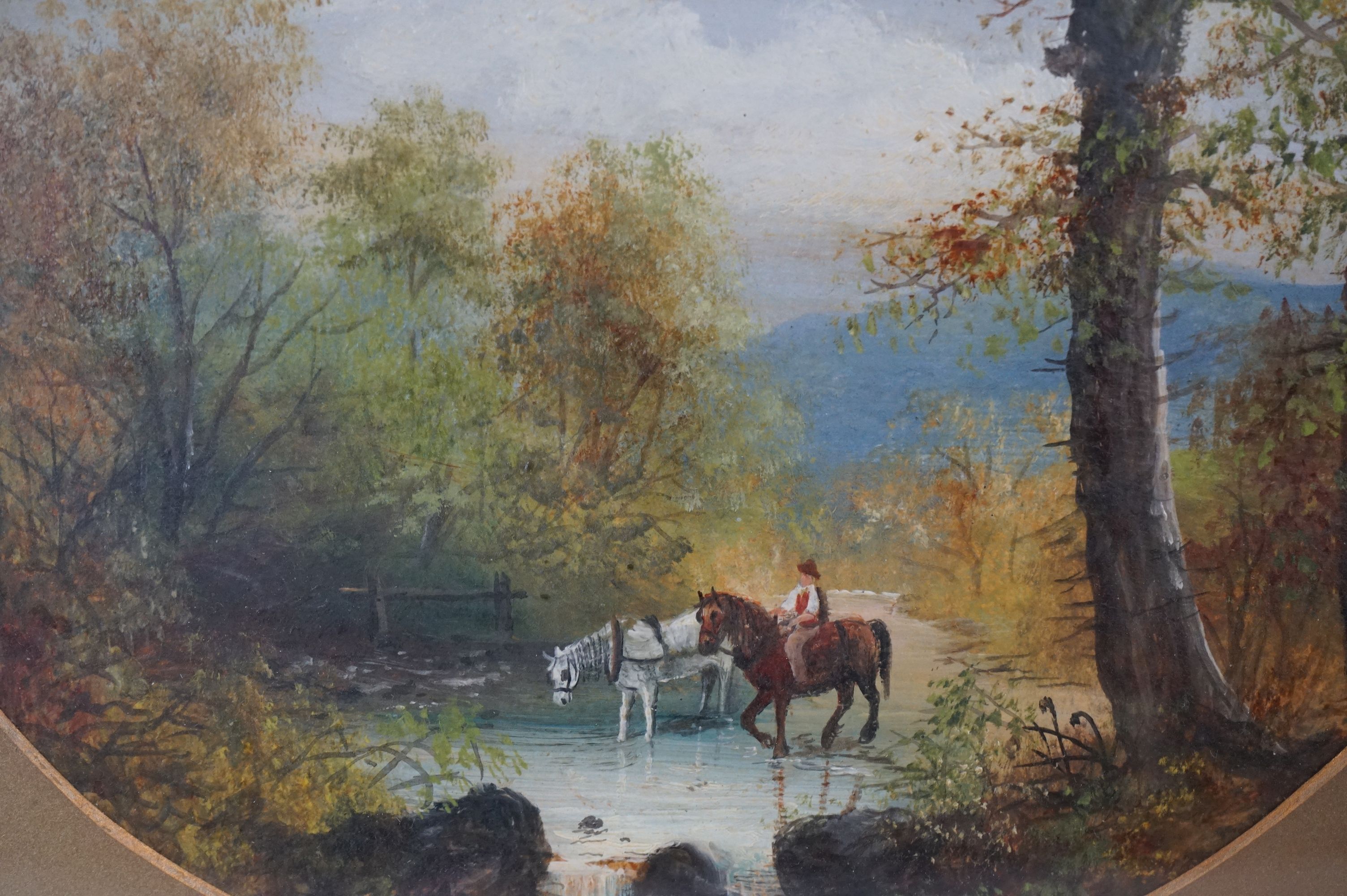 Pair of gilt framed oval acrylic paintings figures with cows and horses in rural settings. - Image 3 of 9