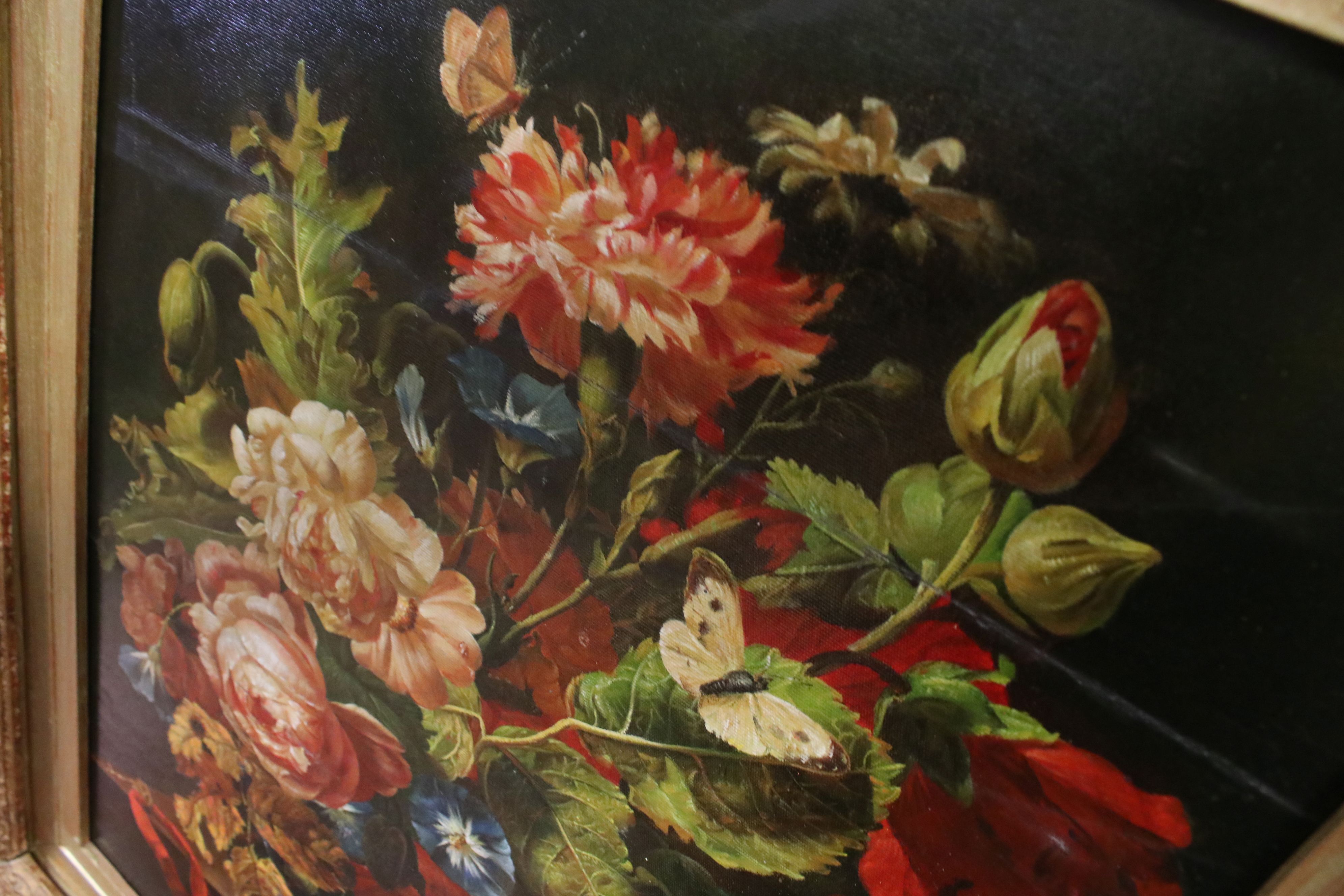 Ornate gilt framed oil painting, still life classical study of a floral display with butterfly - Image 3 of 5