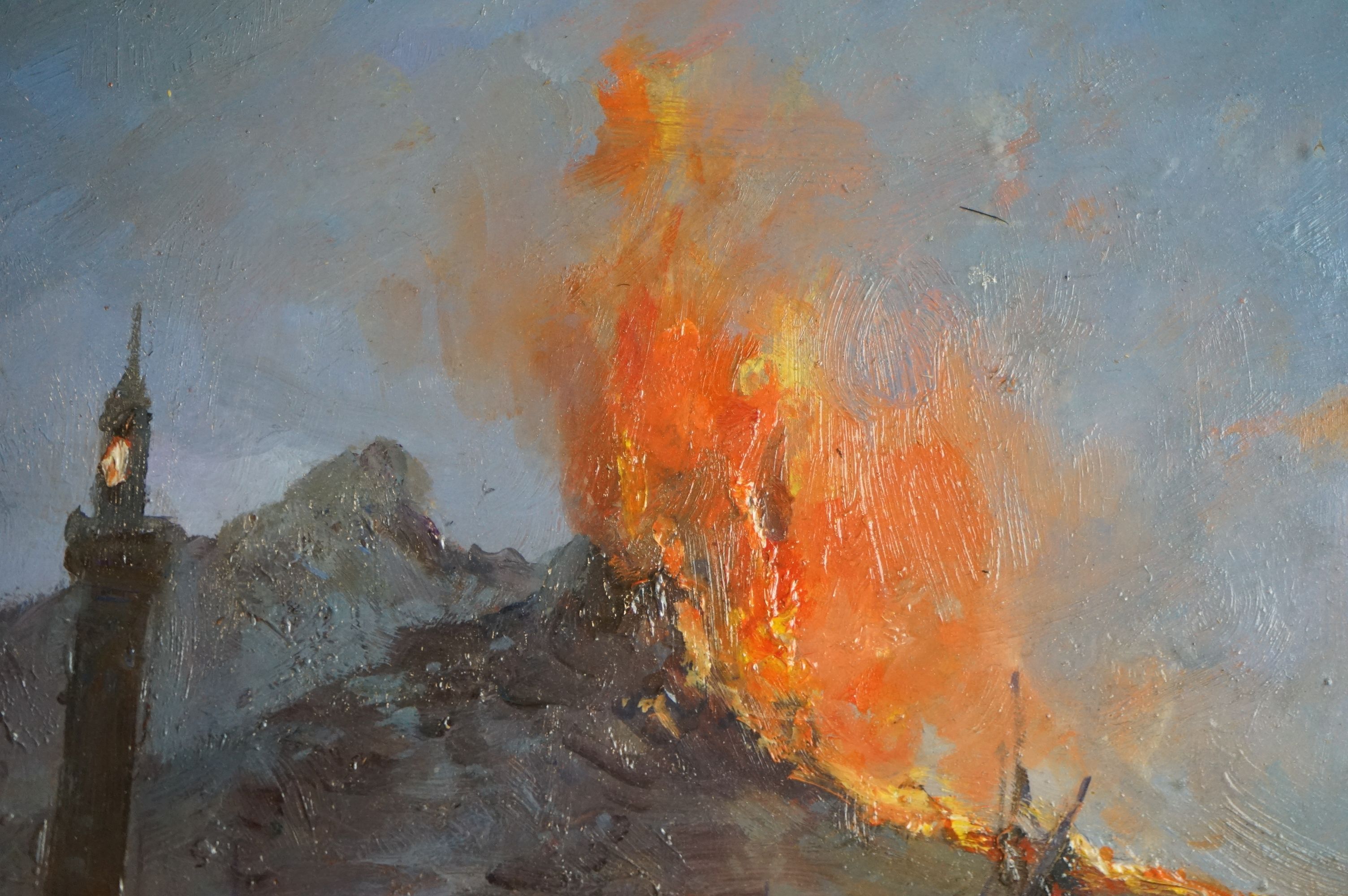 Oils on board, a view of the Bay of Naples with Vesuvius erupting in the background - Image 5 of 5