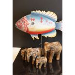 Large Painted Wooden Model of a Tropical Fish on Metal Stand, 50cms high together with Four Carved