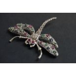 Large silver dragonfly brooch, set with rubies