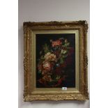 Ornate gilt framed oil painting, still life classical study of a floral display with butterfly