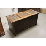 19th century Oak Three Panel Coffer with carving to lid and frieze, 110cms long x 56cms high