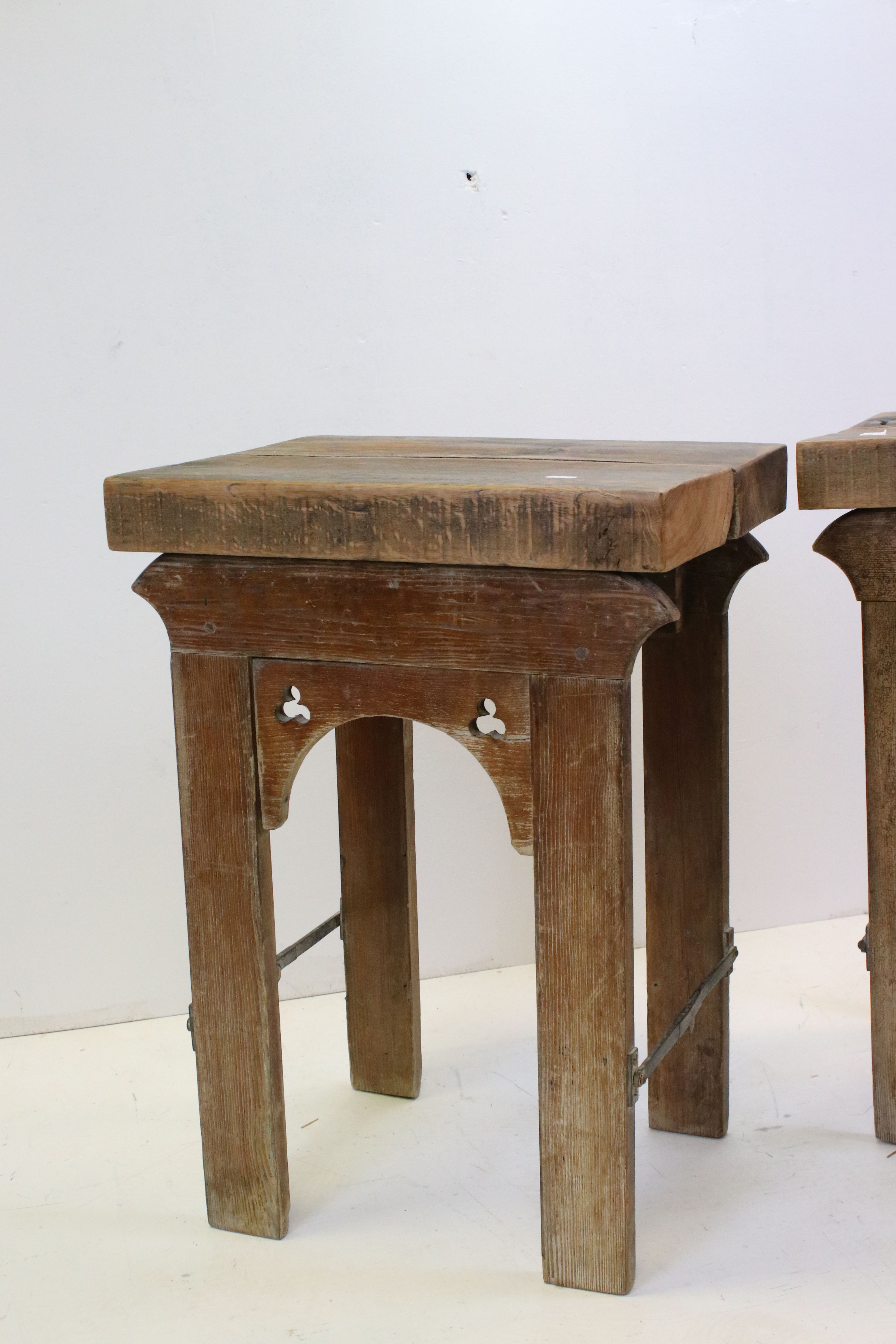 Pair of Side Tables formed from Thick Elm Tops on Gothic Bases made from Coffin Trestles, each 47cms - Image 3 of 7