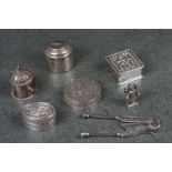 A collection of five white metal pill boxes together with a set of cutters (Possibly Cigar) and an