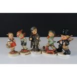 Five Goebel Hummel Figures including March Winds, Little Shopper, Strolling Along and Two Boys