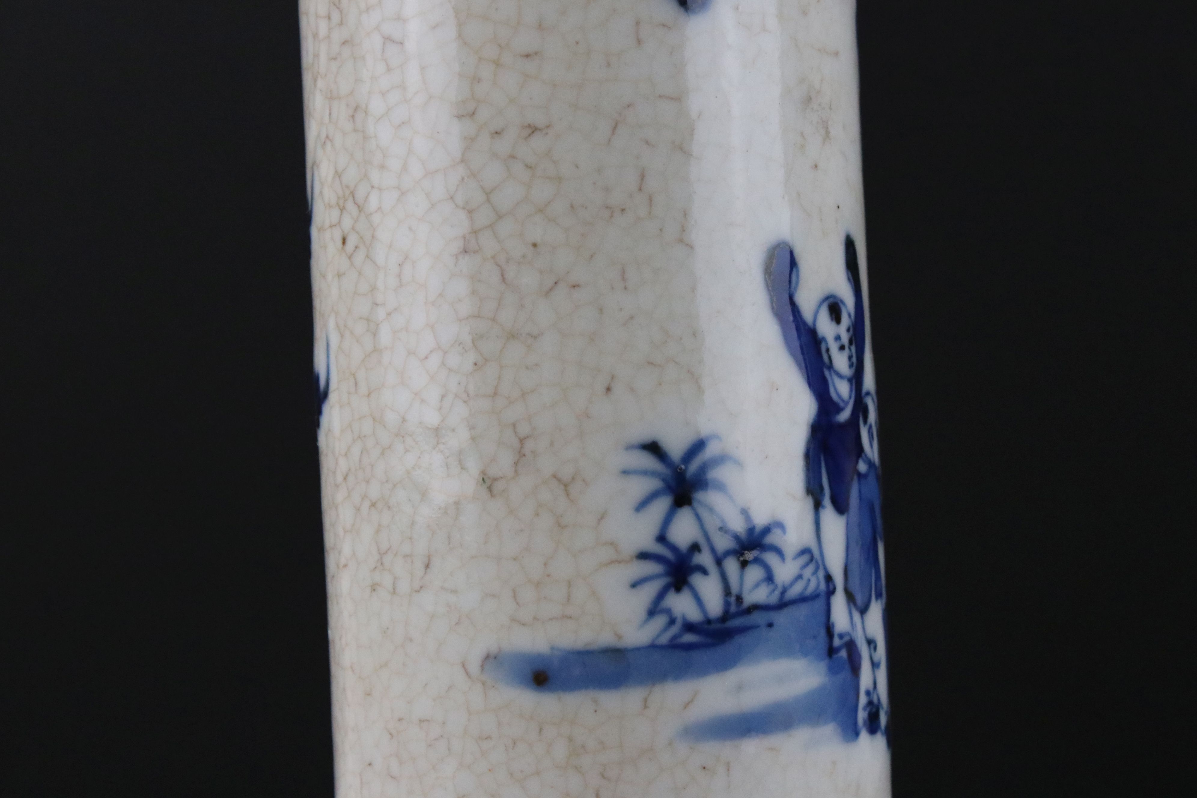 Chinese Crackled Glazed Blue & White Sleeve Vase decorated with figures, seal mark to base, 25cms - Image 13 of 16