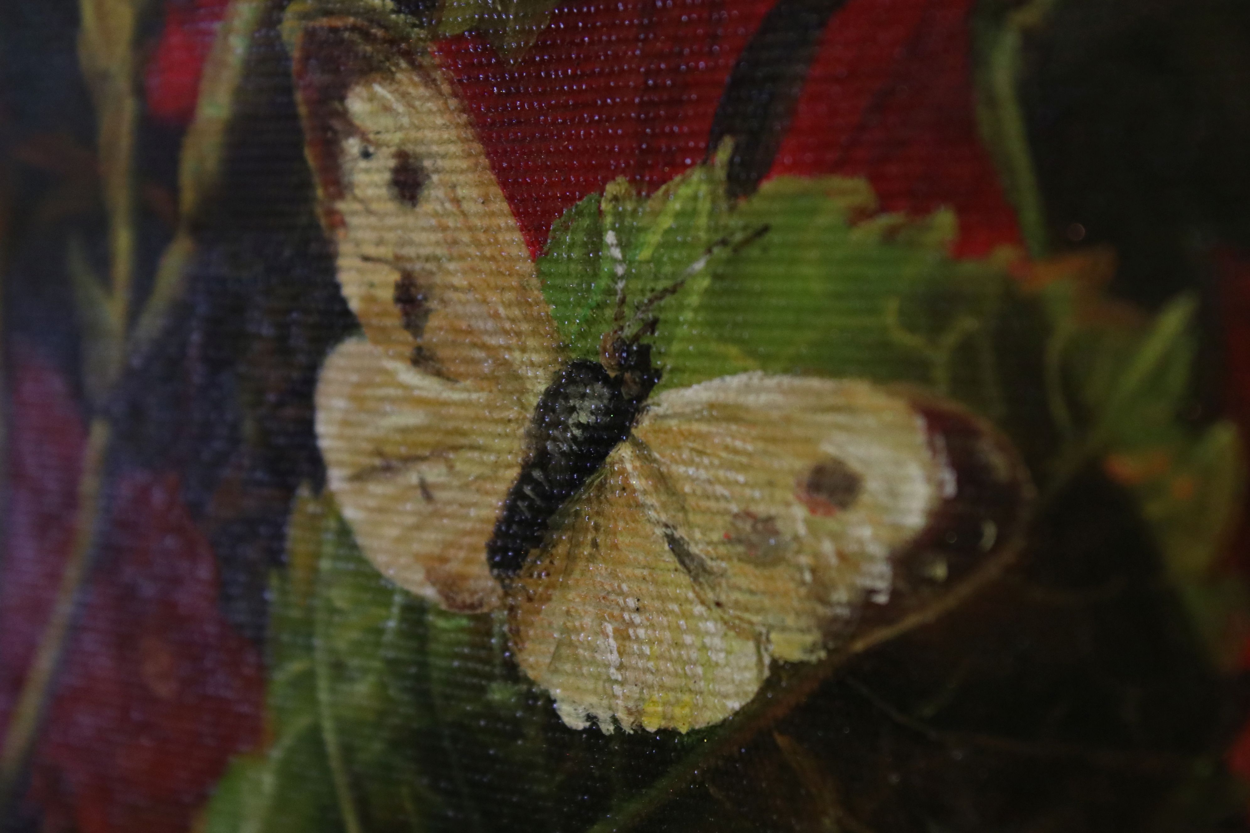 Ornate gilt framed oil painting, still life classical study of a floral display with butterfly - Image 5 of 5