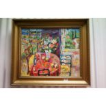 Gilt framed oil painting, Impressionist still life with flowers in a summer house, signed A Roland