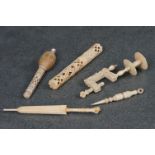 A small collection of antique Ivory to include needle case, vice and a Stanhope.