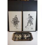 A Chinese lacquer ware tray with mother of pearl dragon decoration together with two framed and