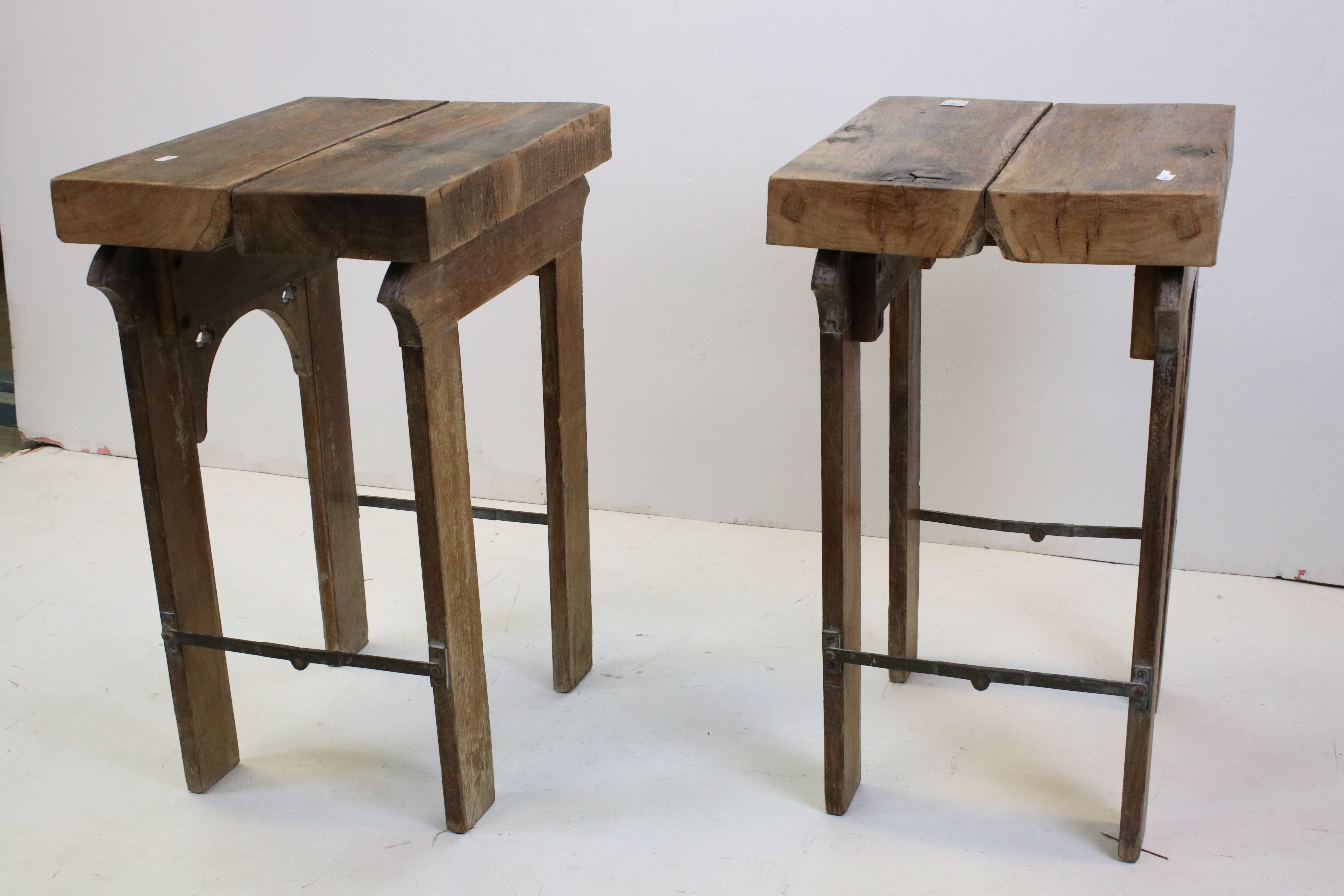 Pair of Side Tables formed from Thick Elm Tops on Gothic Bases made from Coffin Trestles, each 47cms - Image 4 of 7