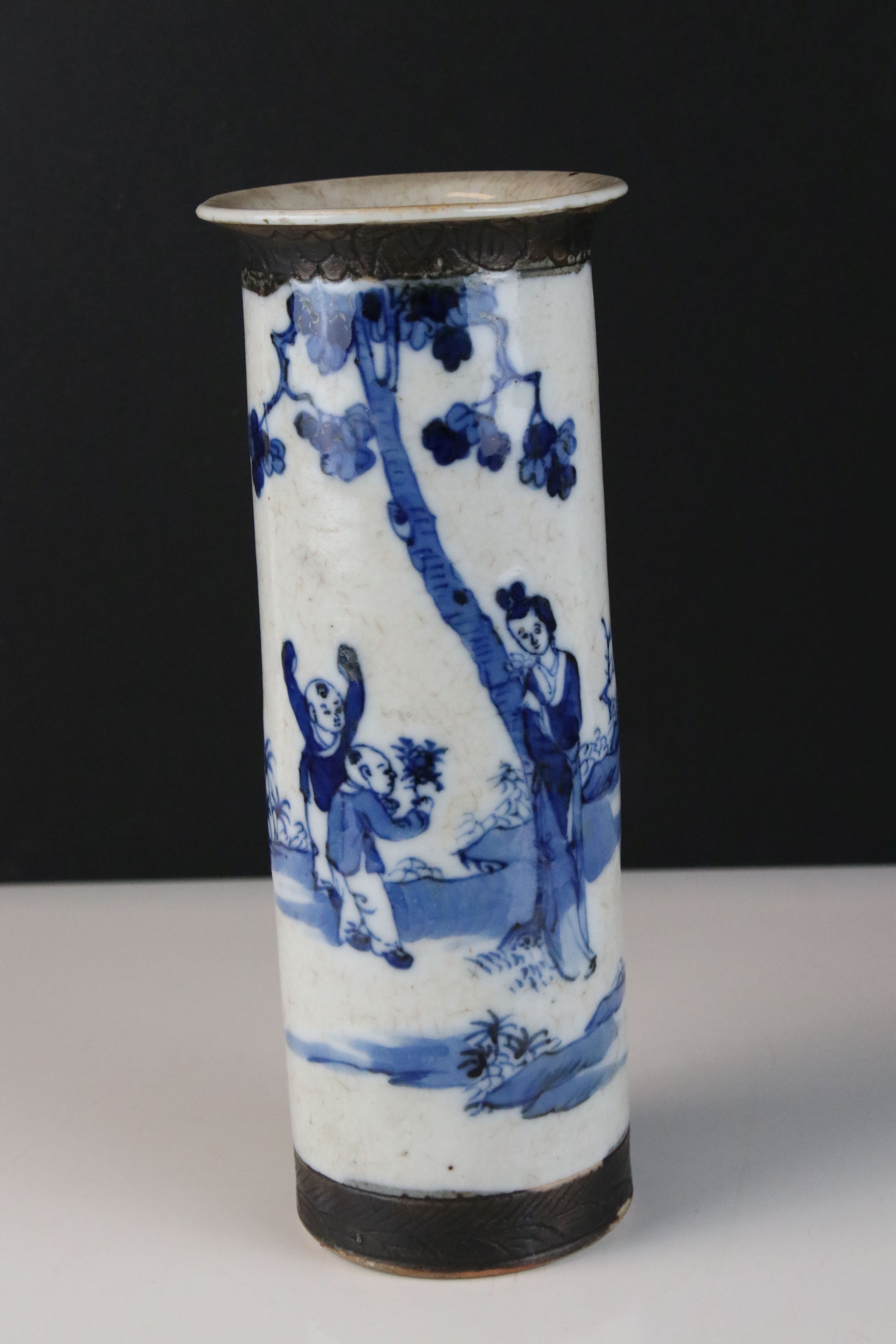 Chinese Crackled Glazed Blue & White Sleeve Vase decorated with figures, seal mark to base, 25cms - Image 9 of 16