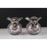 Pair of Purple and White Swirl Glass Bowls with delicate gilt enamelling and wave neck rims,