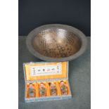 A studio pottery bowl together with four boxed glass oriental snuff bottles.