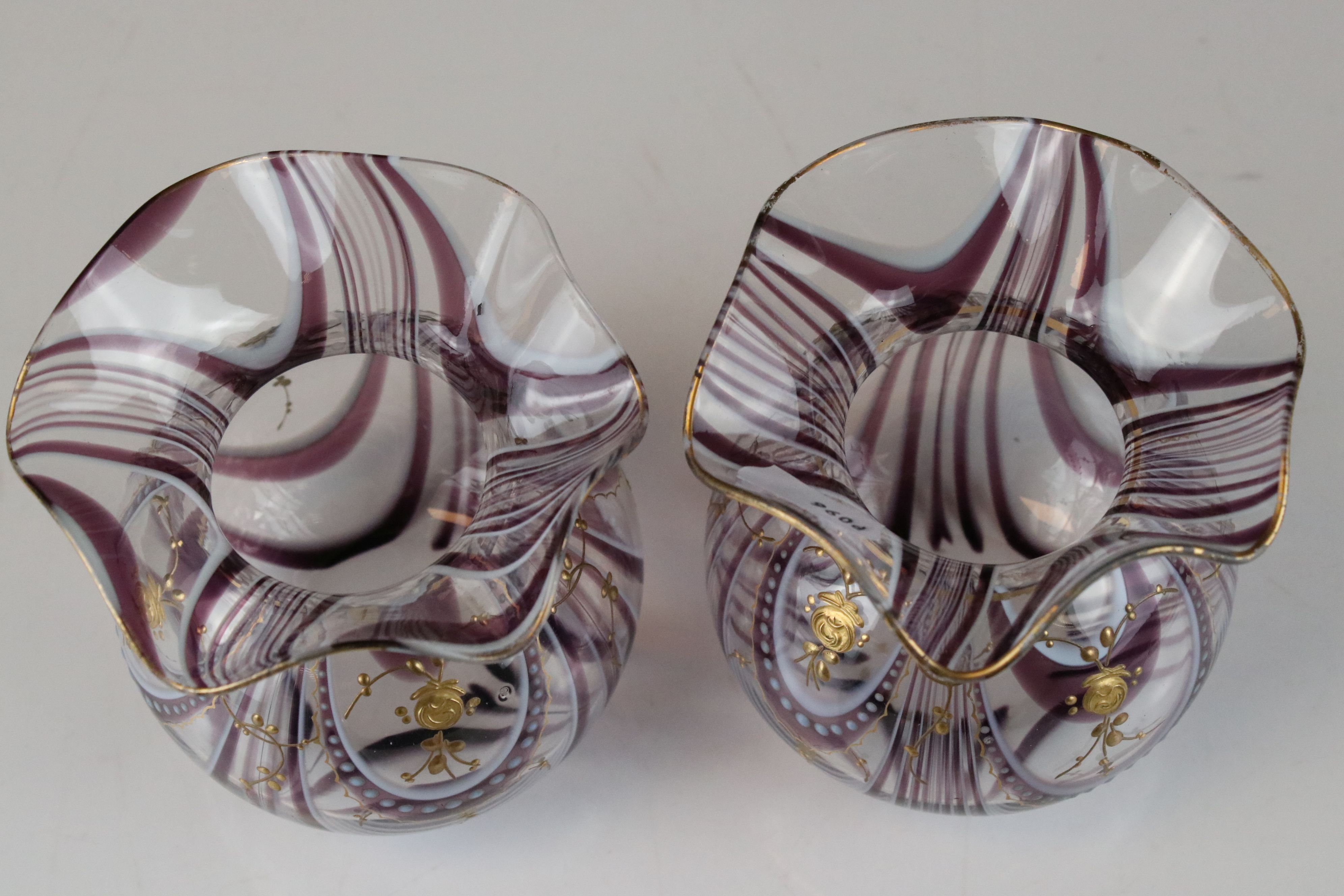 Pair of Purple and White Swirl Glass Bowls with delicate gilt enamelling and wave neck rims, - Image 4 of 5