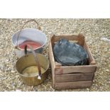 A brass preserve pan together with a wooden crate and a galvanised pan.