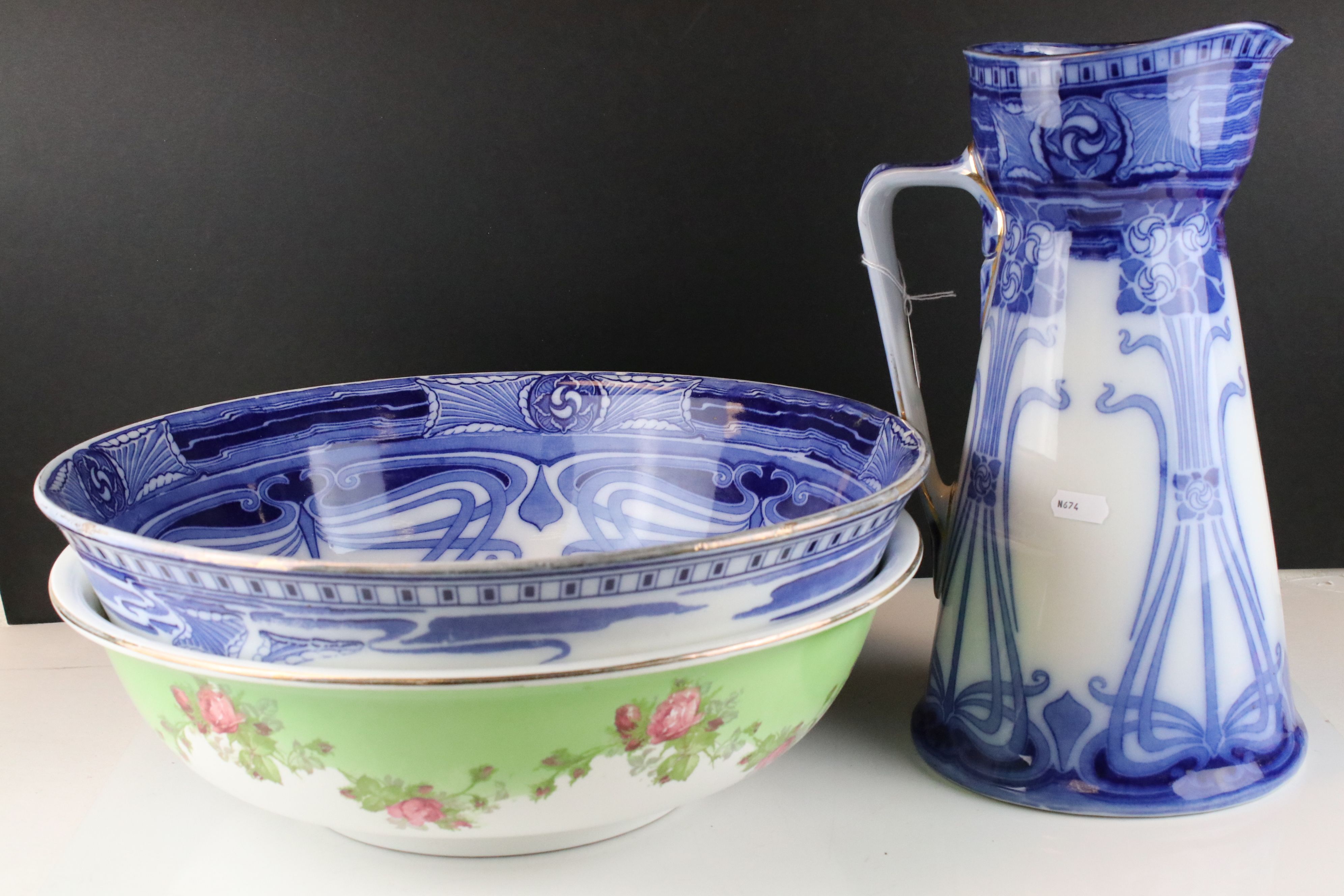 Art Nouveau Royal Doulton Wash Jug and Bowl Set in the Aubrey pattern together with a Rose Patterned