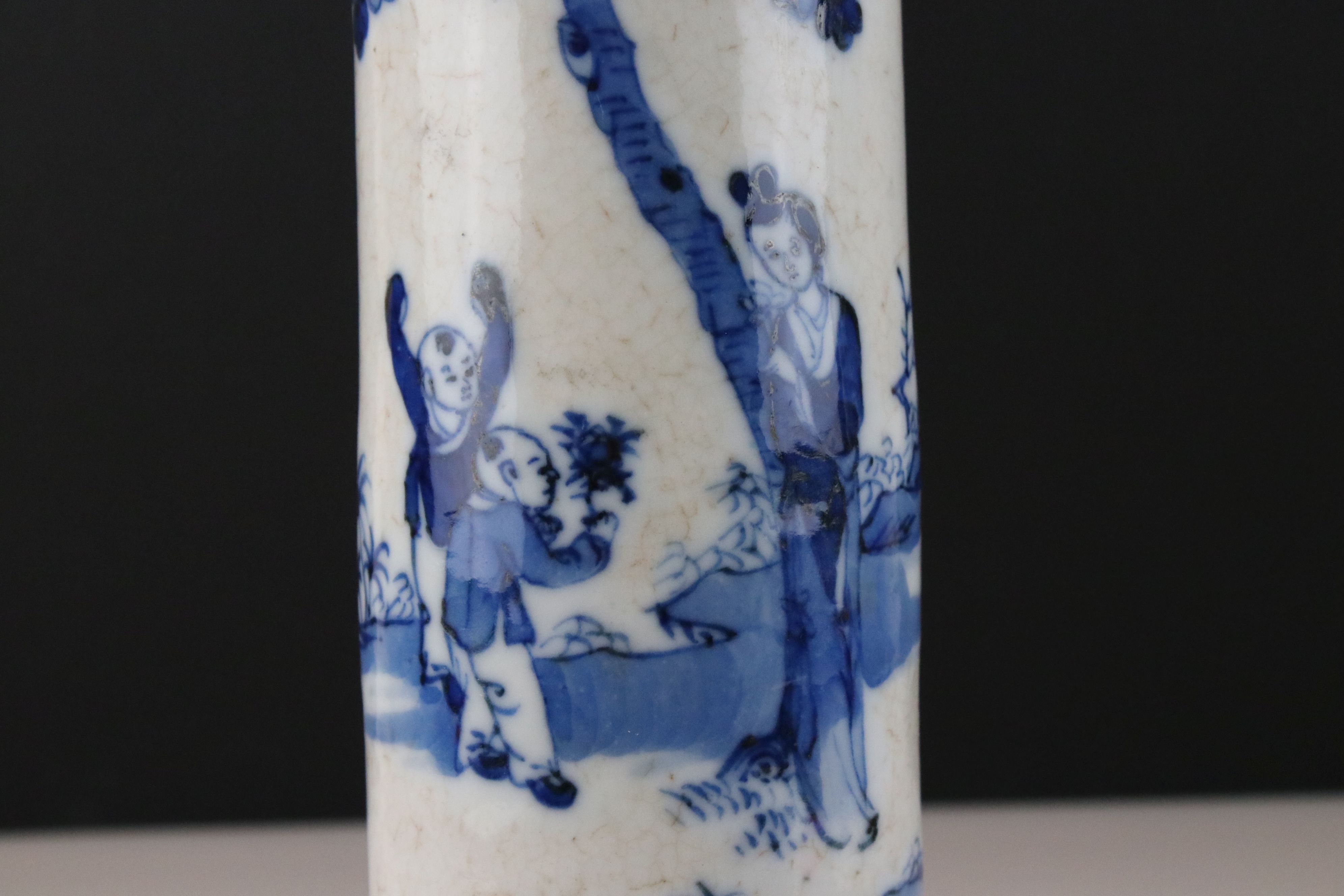 Chinese Crackled Glazed Blue & White Sleeve Vase decorated with figures, seal mark to base, 25cms - Image 15 of 16