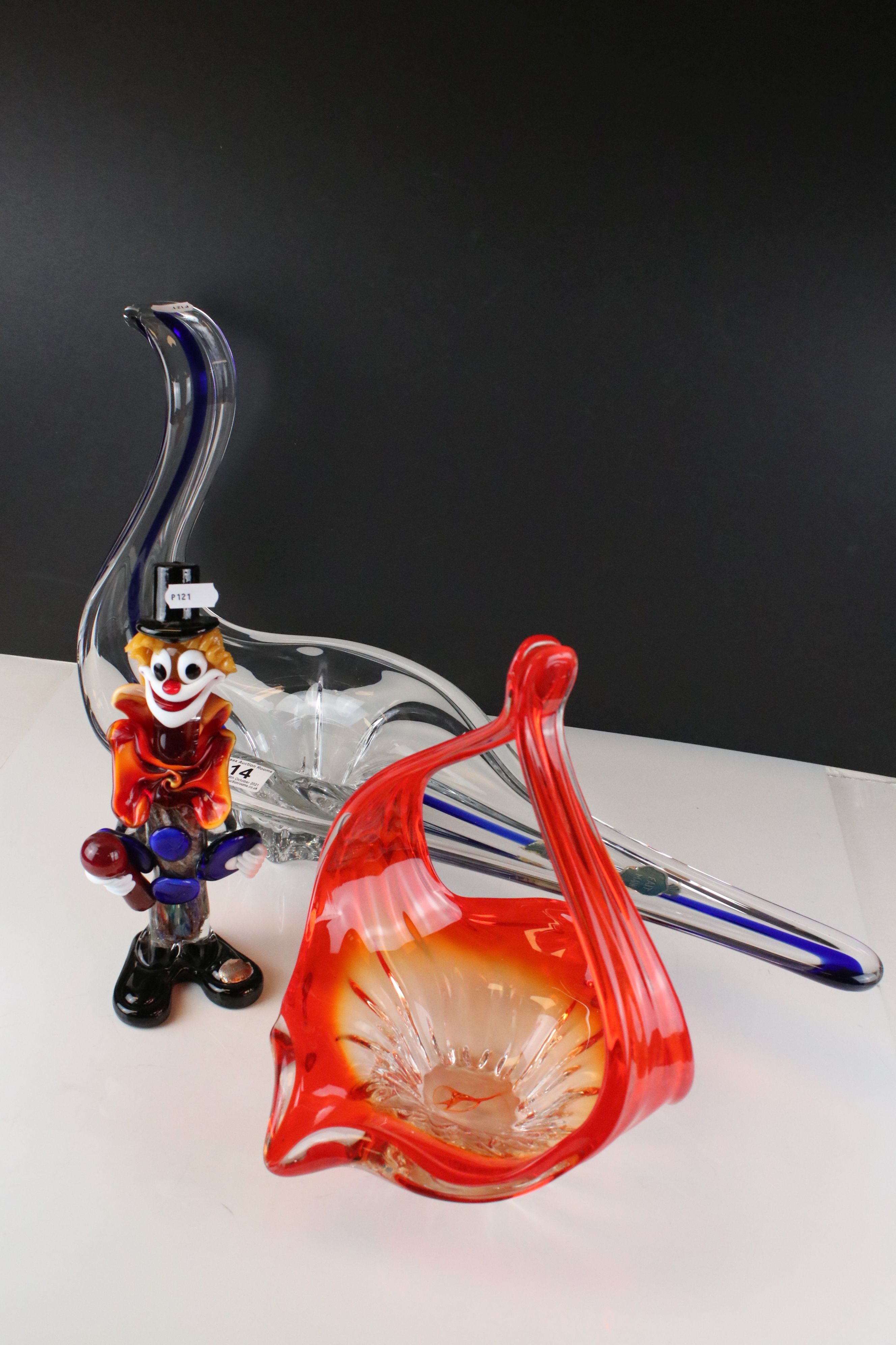 Murano Coloured Glass Clown, 25cms high together with Two Mid century Coloured Glass Bowls