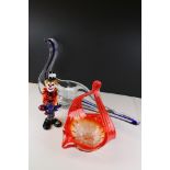 Murano Coloured Glass Clown, 25cms high together with Two Mid century Coloured Glass Bowls