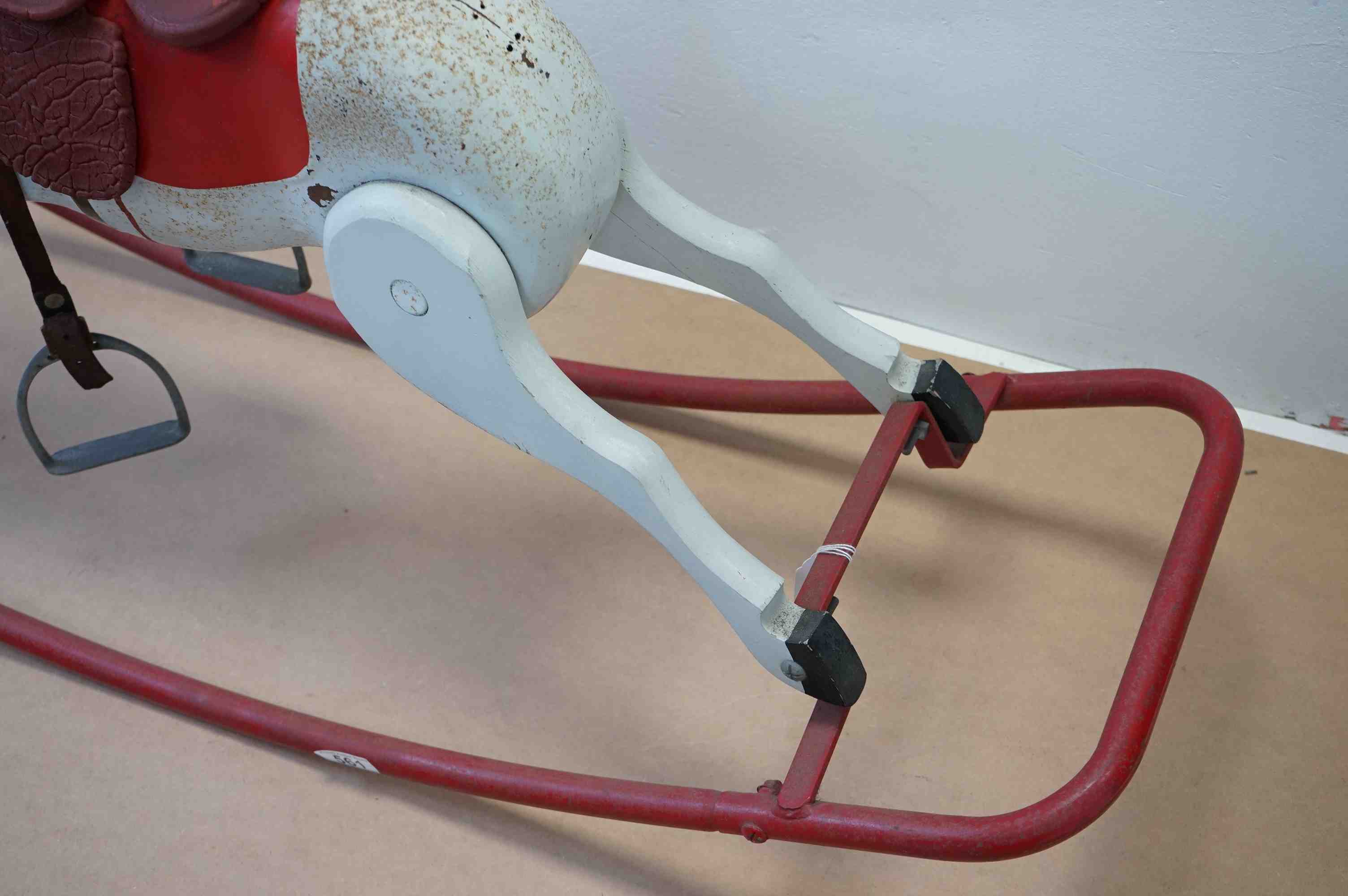 A vintage white rocking horse on red metal runners. - Image 4 of 4