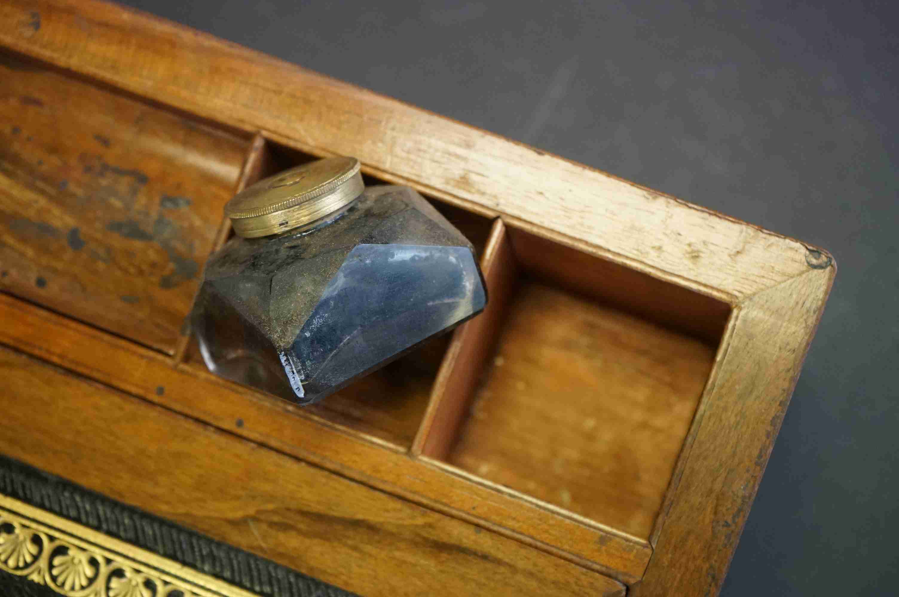 19th century Walnut Writing Slope with brass banding and fitted interior to include glass inkwells. - Image 2 of 8