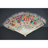 19th / Early 20th century Chinese Bone and Feather Fan, hand painted with Birds and Flowers, 26cms