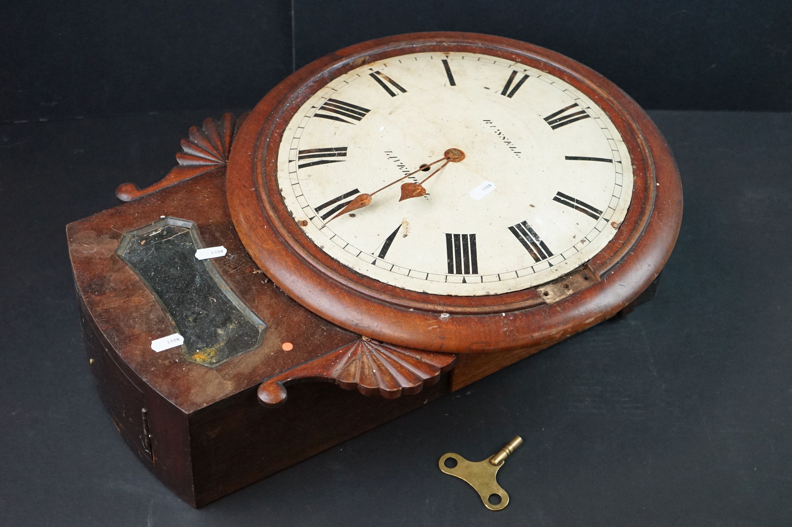 19th century Mahogany cased wall clock, the dial marked Russell of Liverpool