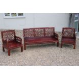 Chinese Carved Hardwood Three Piece Suite comprising Settee (156cms long x 81cms high x 71cms