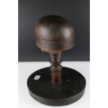 Antique Wooden Wig Stand mounted on a circular wooden base, 41cms high