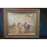 Framed oil painting of a coastal scene at low tide, with figures on horses & fishing boat