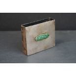 A vintage Sterling Silver matchbox holder with fixed jade panel carved with two birds among foliage.