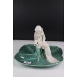 Art Nouveau Bretby Centrepiece Bowl with a white glazed maiden sat within a green glazed leaf form
